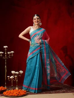 Silk Land - Blue Chanderi Cotton Blend Digital Printed Ready To Wear Saree with Unstitched Blouse