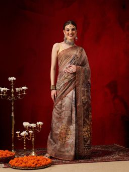 Silk Land - Beige Cotton Chanderi Floral Printed Ready To Wear Saree with Unstitched Blouse