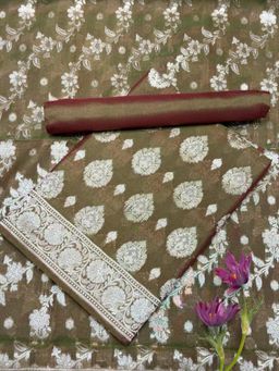Chhabra 555 - Dark Olive Floral Woven Unstitched Kurta with Bottom and Dupatta