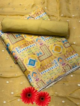 Chhabra 555 - Mustard Printed Zari Weaving Unstitched Kurta with Bottom and Dupatta