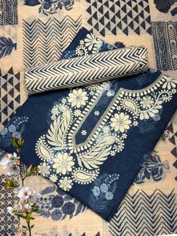 Chhabra 555 - Navy Blue Floral Embroidered Unstitched Kurta with Bottom and Dupatta