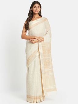 Fabindia - White Cotton Hand Block Printed Saree without Blouse
