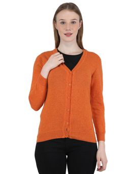 Monte Carlo - Women Wool Blend Orange Solid V-Neck Cardigan