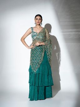 Ellemora - Green Glimmer Pre Drape Saree with Stitched Blouse