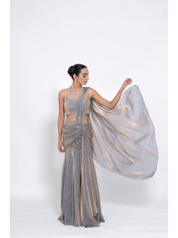 Ellemora - Silver Foil Beads Stones Pre Drape Saree with Stitched Blouse