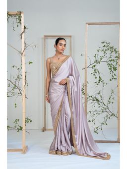 Ellemora - Lavender Satin Lustre Mirror Work Saree with Stitched Blouse