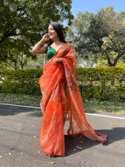 Odette - Orange Organza Printed Saree with Unstitched Blouse