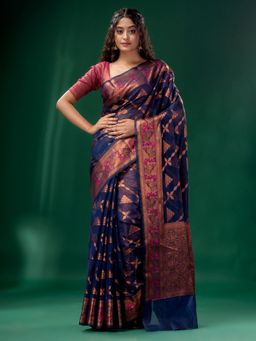 CHARUKRITI - Navy Blue Cotton Silk Saree with Woven Design with Unstitched Blouse