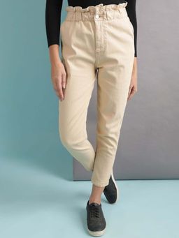 Freehand - Beige Solid Mom Fit Trouser