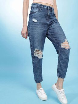 Freehand - Blue Solid Mom Fit Jeans