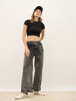 Styli - Black Solid Wide Fit Jeans