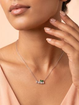 925 SILLER - 925 Pure Silver Green Emerald Leaf Baguette Necklace