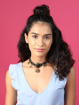 Odette - Women Black Lace Statement Necklace Embellished With Charms