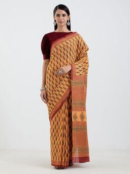 AUJJESSA - Mulmul Mustard and Black Handcrafted Saree without Blouse