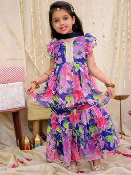 KID1 - Blue Floral Kurti with Sharara and Dupatta (Set of 3)