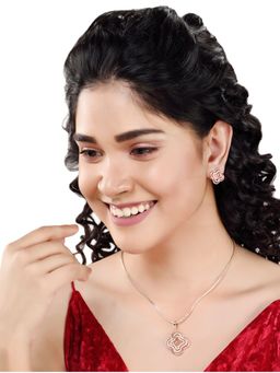 Saraf RS Jewellery - Rose Gold Plated Ad Studded Floral Design Pendant Earrings With Chain (Set Of 3)