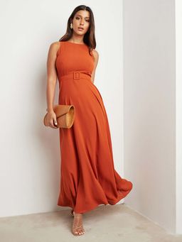 Styli - Rust Plain Sleeveless Belted Maxi Dress With Zipper Closure (Set of 2)
