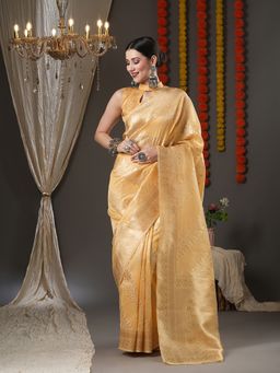 Akhilam - Womens Organza Yellow Woven Design Designer Saree with Unstitched Blouse