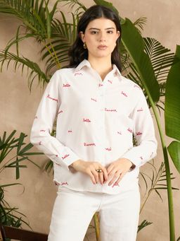 Uptownie - White Lite All Over Embroidered Cotton Shirt