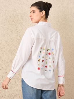 Uptownie - White Lite Square Grid Floral Embroidered Cotton Shirt