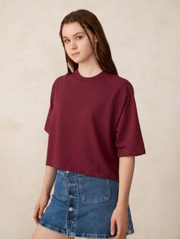 Outzidr - Wine Oversized Solid Sweatshirt