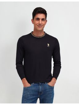 U.S. Polo Assn. Denim Co. - Solid Plain Black Full Sleeves Crew Neck T-Shirt