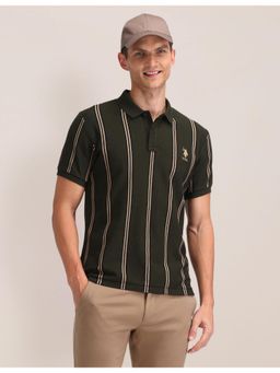 U.S. POLO ASSN. - Stripes Olive Half Sleeves Collar Neck Polo T-Shirt