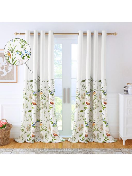 Story@Home Cotton Bohemian Long Door Curtain, White & Green, Birds & Branches (7 Feet)