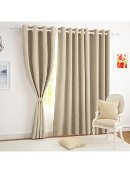 Story@Home - Blackout Foil Beige & Golden Curvy Line Dots Pattern Semi Long Door Curtain (8 Feet)