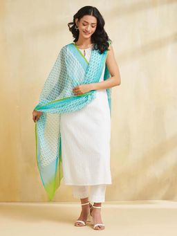 Fabindia - Turquoise Cotton Silk Hand Block Printed Dupatta
