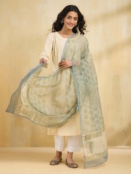 Fabindia - Green Cotton Silk Hand Block Printed Dupatta