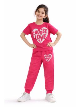 Trampoline - Girls Pink Heart Printed T-Shirt and Track Pant Set