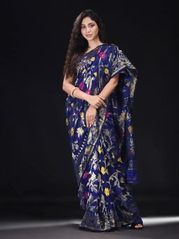 Beatitude - Blue Cotton Silk Woven Jacquard Jamdani Saree with Unstitched Blouse