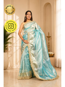 Isadora Life - Womens Solid Embroidered Blue Pre-Draped Saree With Unstitched Blouse