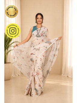 Isadora Life - Womens Floral Printed Off White Pre-Draped Saree With Unstitched Blouse