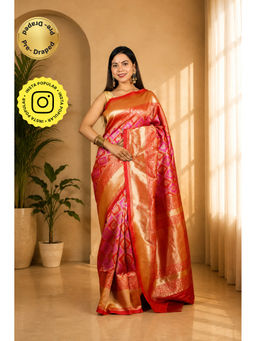 Isadora Life - Womens Woven Zari Pink Pre-Draped Saree with Unstitched Blouse