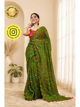 Isadora Life - Womens Printed Tassels Green Pre-Draped Saree With Unstitched Blouse