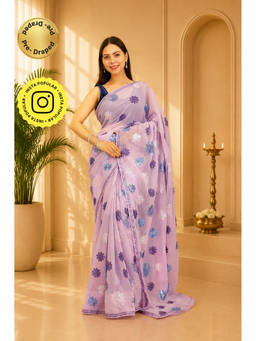 Isadora Life - Womens Floral Sequined Lavender Pre-Draped Saree With Unstitched Blouse