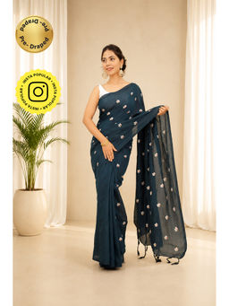 Isadora Life - Womens Embroidered Tassels Teal Pre-Draped Saree With Unstitched Blouse