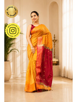 Isadora Life - Womens Woven Tassels Yellow Pre-Draped Saree With Unstitched Blouse
