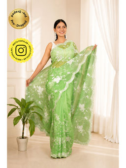 Isadora Life - Womens Embroidered Thread Work Green Pre-Draped Saree With Unstitched Blouse