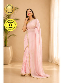 Isadora Life - Womens Sequined Lace Work Pink Pre-Draped Saree With Unstitched Blouse