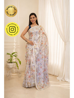 Isadora Life - Womens Floral Printed White Pre-Draped Saree With Unstitched Blouse
