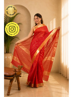 Isadora Life - Womens Woven Zari Red Pre-Draped Saree With Unstitched Blouse