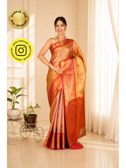 Isadora Life - Womens Woven Zari Orange Pre-Draped Saree With Unstitched Blouse