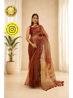 Isadora Life - Womens Sequined Tassels Brown Pre-Draped Saree With Unstitched Blouse