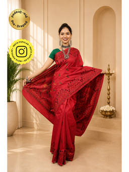 Isadora Life - Womens Embroidered Thread Work Red Pre-Draped Saree with Unstitched Blouse