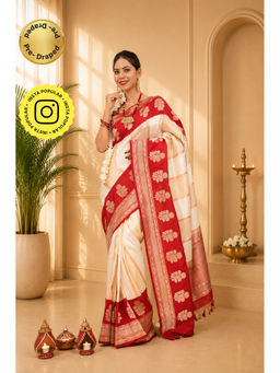 Isadora Life - Womens Woven Tassels Off White Pre-Draped Saree with Unstitched Blouse