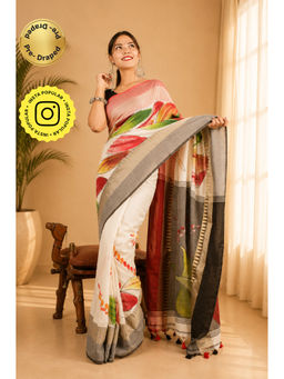 Isadora Life - Womens Floral Printed White Pre-Draped Saree with Unstitched Blouse