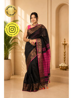 Isadora Life - Womens Woven Zari Black Pre-Draped Saree with Unstitched Blouse